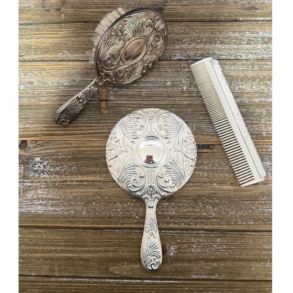Vintage Silver Plated Vanity Set Hand Mirror Brush Comb Victorian Art Nouveau